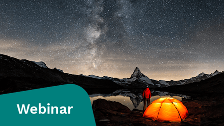 Man standing in front of a tent in the night sky. Promoting an upcoming webinar.