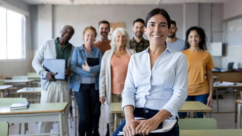 Happy teacher in the classroom with a group of students and looking at the camera smiling - education concepts