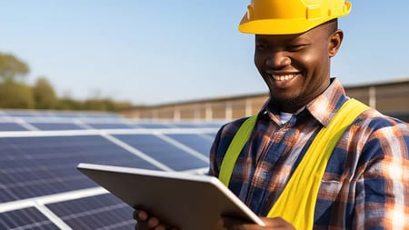 smiling man in front of solar panels