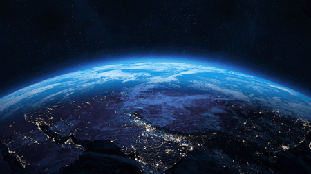 Nightly Earth planet in outer space. Night on planet with cities lights.