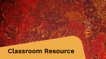 Ancient, vintage golden painting of a dragon on a red wooden wall.