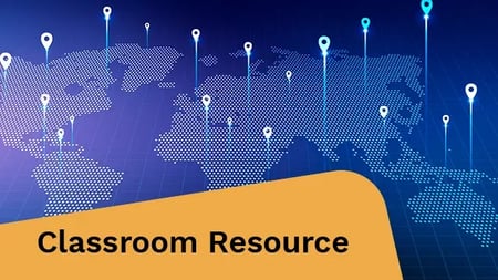 Map with connected pins displayed on a blue background, illustrating global connections and locations.