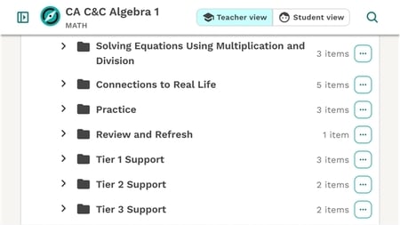 Screenshot from Cengage School Explore platform of the teacher view with different support for various tiers.