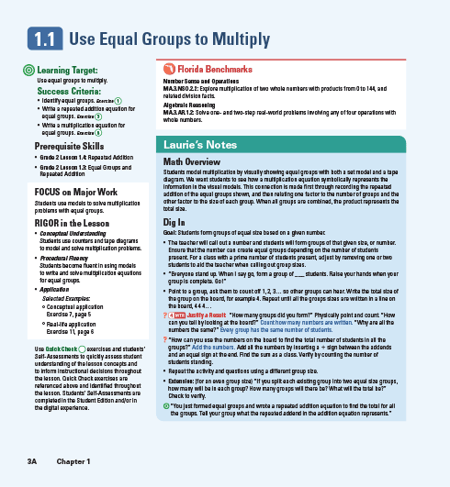 math lesson page showing how to use equal groups to multiply, including learning targets, benchmarks, and teacher notes aligned to Florida standards