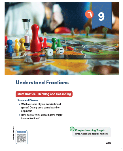 Students exploring fractions through a board game activity with colorful game pieces, supporting mathematical thinking and reasoning