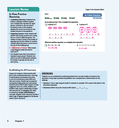 Math workbook page with in-class practice on multiplication using equal groups, plus scaffolding strategies and supports for diverse learners