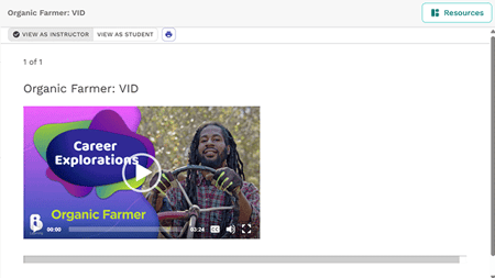 Career Explorations video featuring an organic farmer, with on-screen video player and resources for career-connected learning