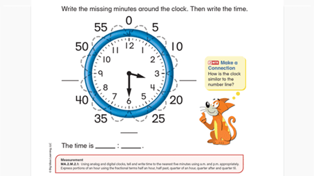 Elementary math lesson with an analog clock asking students to fill in missing minutes and write the time, aligned to Florida measurement standards.
