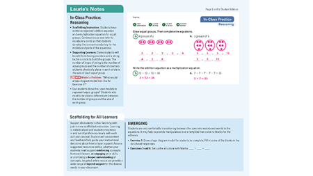 Teacher support page featuring Laurie’s Notes, in-class practice, and scaffolding for all learners with visual multiplication models and instructional guidance.