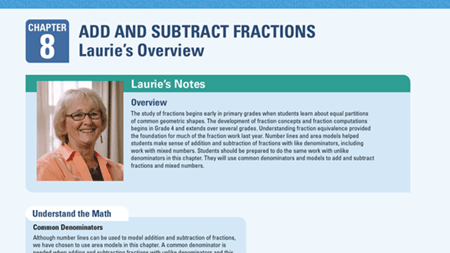 Chapter overview for adding and subtracting fractions with teacher notes, lesson context, and instructional support for Florida math instruction.