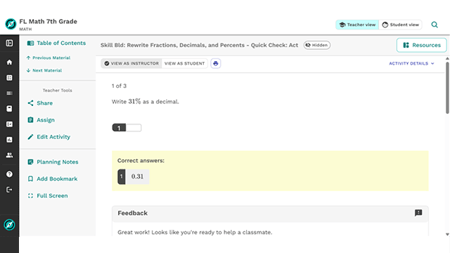 Florida 7th grade math digital activity showing students converting 31% to a decimal with instant feedback and interactive skill practice.